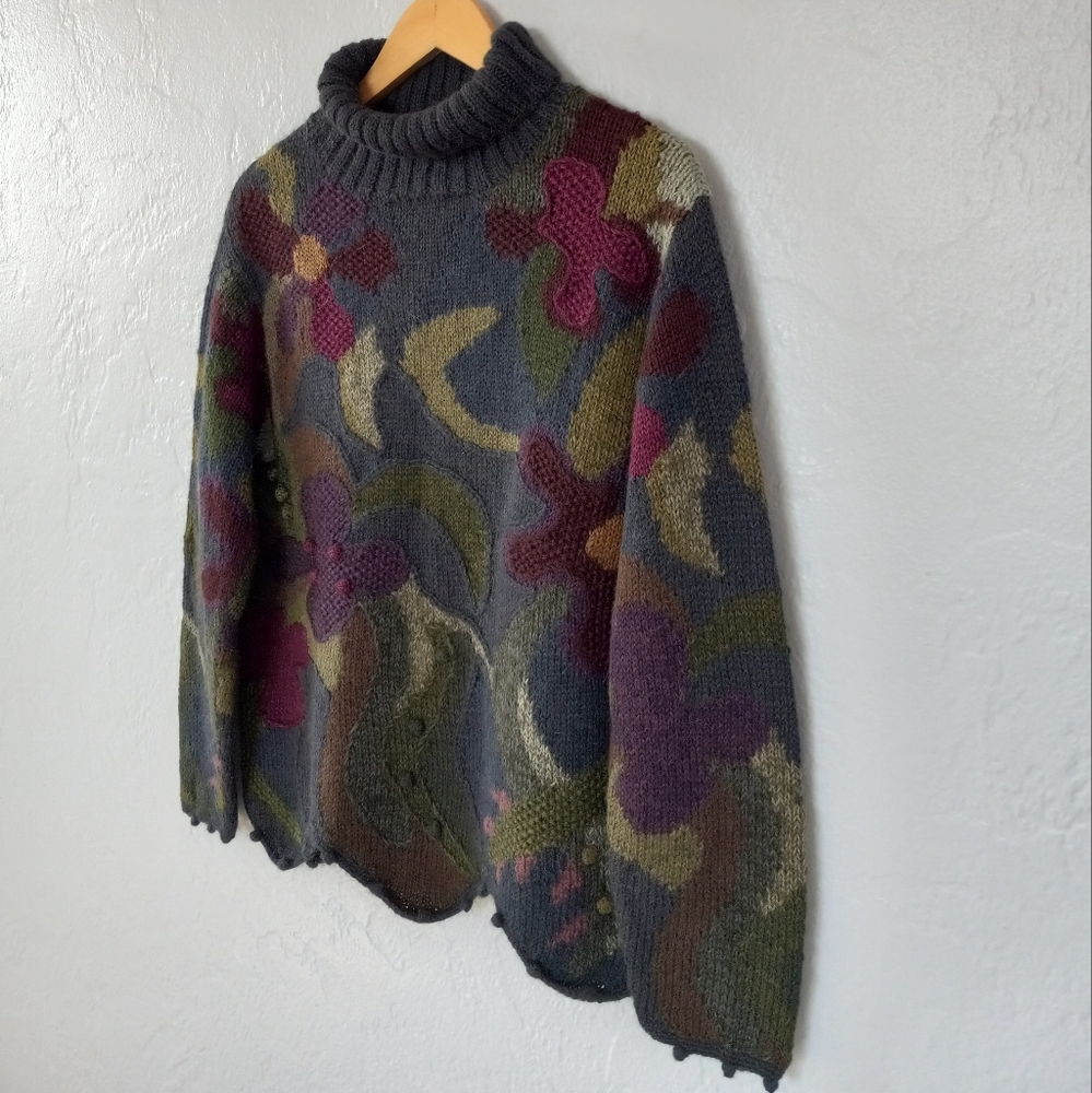Peruvian Connection Aplaca Sweater Floral Patchwork Embroidery Pom Pom Artsy - Picture 4 of 16